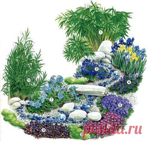 СУХОЙ РУЧЕЙ https://vk.com/landscape_designing
На рисунке цифрами обозначены: 1 - бамбук-листоколосник, 2 – гибриды ириса бородатого, 3 – лобелия, 4 – живучка ползучая, 5 – колокольчик Посхарского, 6 – гибриды обриеты, 7 – брунера крупнолистная, 8 – мшанка шилолистная, 9 – живучка ползучая краснолистная, 10 – #арундо тростниковый.
•••
