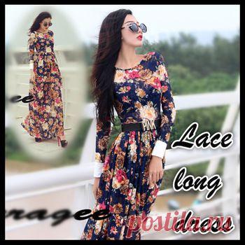 Плюс размер кружева платья макси новая мода 2014 лето с длинным рукавом платье цветок женщины печати повседневную одежду длиной до пола высокая талия, принадлежащий категории Платья и относящийся к Одежда и аксессуары на сайте AliExpress.com