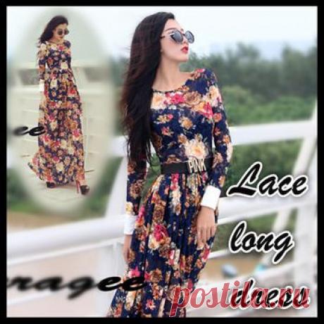 Плюс размер кружева платья макси новая мода 2014 лето с длинным рукавом платье цветок женщины печати повседневную одежду длиной до пола высокая талия, принадлежащий категории Платья и относящийся к Одежда и аксессуары на сайте AliExpress.com