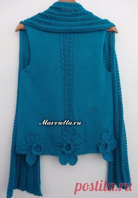 Вязание спицами жилета с длинными полами.