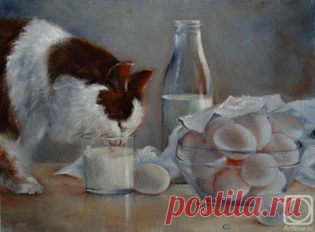 «Кошка завтракает» картина Разумовой Светланы маслом на холсте — купить на ArtNow.ru