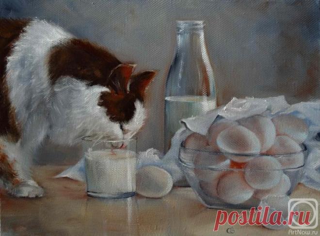 «Кошка завтракает» картина Разумовой Светланы маслом на холсте — купить на ArtNow.ru