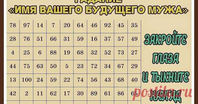 ГАДАНИЕ НА ИМЯ ВАШЕГО БУДУЩЕГО МУЖА. ДЛЯ ЗАМУЖНИХ ТОЖЕ МОЖНО;)   Девчонки, нашла очень интересное гадание. Я сама замужняя, но решила попробовать и очень удивилась результату, ведь он показал имя моего му...