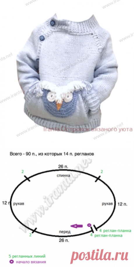 Детский свитер-реглан &quot;Очень серьезная Сова&quot; с карманом-кенгуру. Подробное описание, фото, схемы