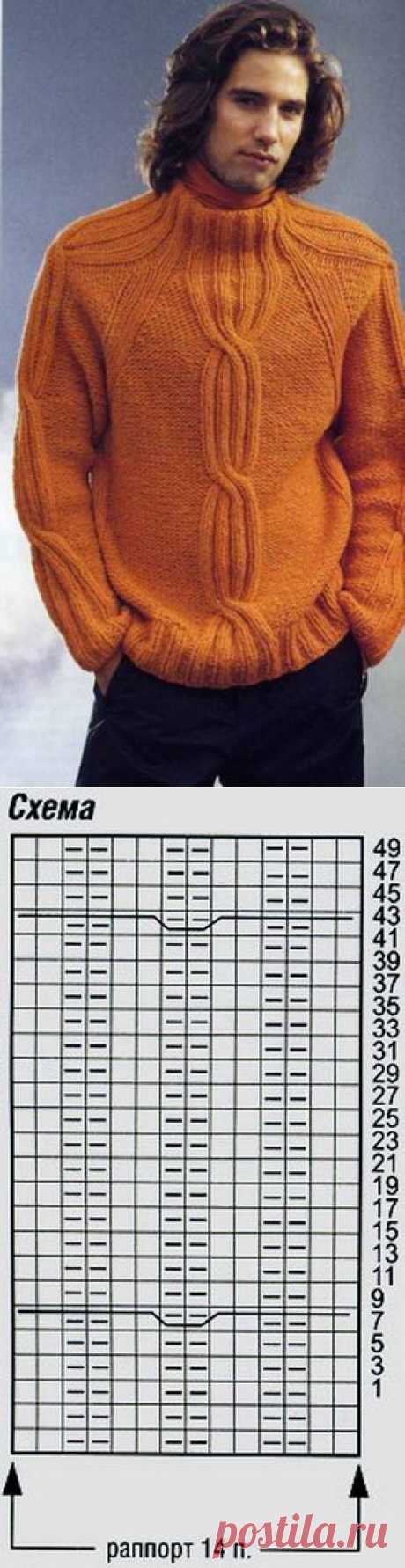 Свитер оранжевый мужской со жгутами. Реглан и кокетка - интересное решение
