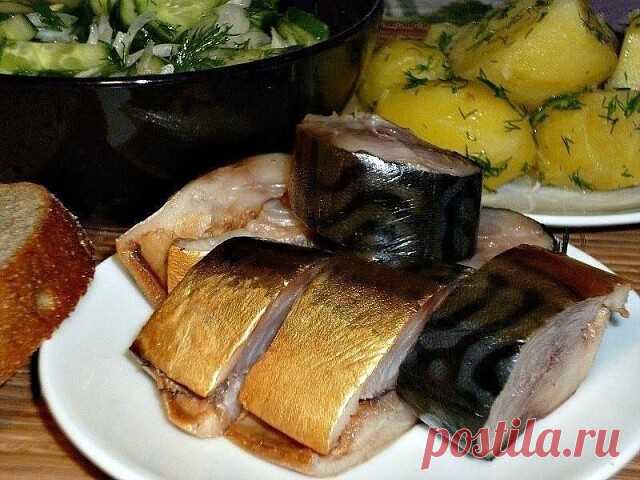 Ну очень вкусная скумбрия домашнего приготовления. 
 
У скумбрии отрезать голову и хвост, убрать внутренности, промыть. 
 
Сделать маринад ( на 4 рыбы): В 1 литр воды добавить: -3 ст.л. соли., -2 ст. л. сахара, -2 горсти луковой шелухи, -2 ст.л. чая (сухой заварки). Вскипятить рассол, остудить и залить им скумбрию. 
Убрать в холодильник на 3 дня. 
 
Приятного аппетита!
