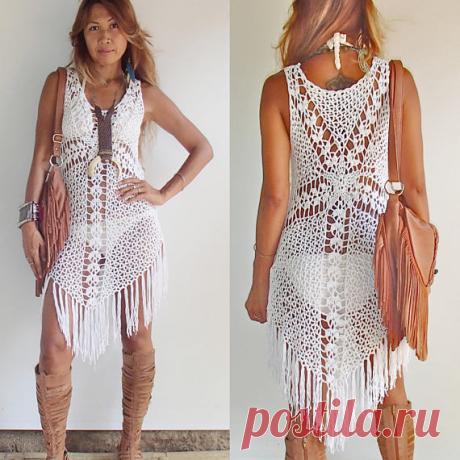 Cross Crochet Boho Dress with long Fringe/Off-White