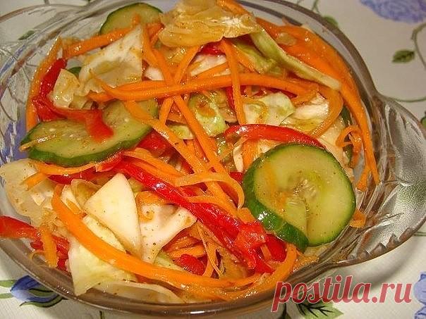 Салат из капусты и огурцов по-корейски 

1 небольшой кочан капусты 
2- средние морковки 
1 средний огурец 
1 красный болгарский перец 

Для заправки: 
2 зубчика чеснока 
100 гр растительного мала 
50 г уксуса 5% 
1 столовая ложка сахара 
2 чайных ложки соли 
3 столовые ложки соевого соуса 
хмели-сунели 
1 чайная ложка тхины (молотый кунжут) 
красный молотый перец острый (на любителя) 

Приготовление: 
Капусту нарезаем на крупные квадраты, морковь натираем на специальной те...