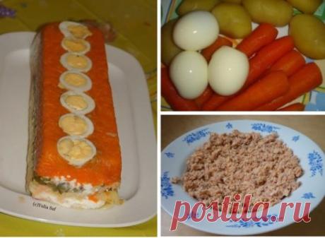 Рыбный салат (консервы - горбуша) 
Ингредиенты:
- яйца отварные 
-морковь отварная 
-солёные огурцы 
-горбуща консервированая 
-картофель отварной 
Приготовление :
-форму застилаем пищевой плёнкой