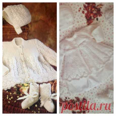 baby knitting patterns vintage cardigan bonnets and booties sets 4 ply sizes 14 16 18 inch chest This item is a PDF file of the knitting pattern for these gorgeous baby items.    The pattern will be available for download upon receipt of payment, for you to print out or read from your computer.    Traditional and beautiful, knit with 4 ply yarn, you will receive a file containing two patterns.    Happy knitting
