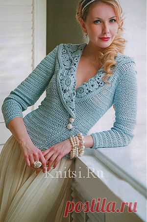 Голубой жакет с кружевным воротником. Вязание для женщин / Жакеты / Крючком