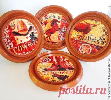 Купить Ковбойский набор из 4-х панно - ковбойский стиль, декор в детскую, декор в ковбойском стиле, панно в ковбойском стиле, панно на стену, панно настенные, панно декоративные, декор для интерьера, из газетных трубочек, декор в вестерн стиле, панно для интерьера