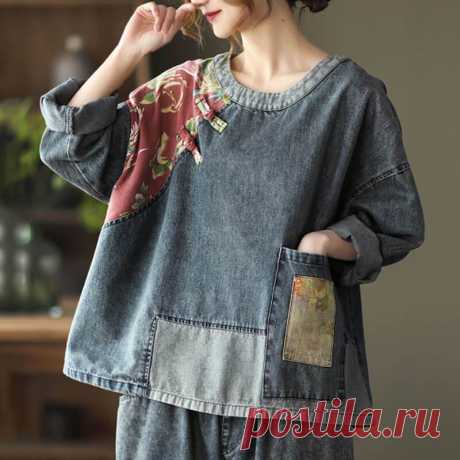 Item Code: 4808625815614 Material: 95%Cotton,5%Spandex  Collar: O-neck Pattern: Flower Highlight: Button,Print,Stitching,Patchwork Season: Spring,Autumn PS: The shape of the patch on the pocket would be a little different from the one in the pictures.