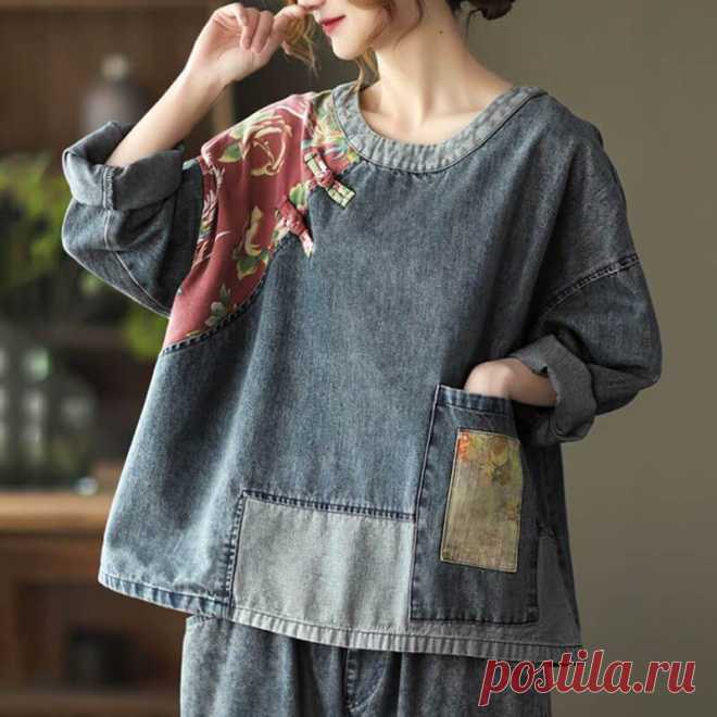 Item Code: 4808625815614 Material: 95%Cotton,5%Spandex  Collar: O-neck Pattern: Flower Highlight: Button,Print,Stitching,Patchwork Season: Spring,Autumn PS: The shape of the patch on the pocket would be a little different from the one in the pictures.