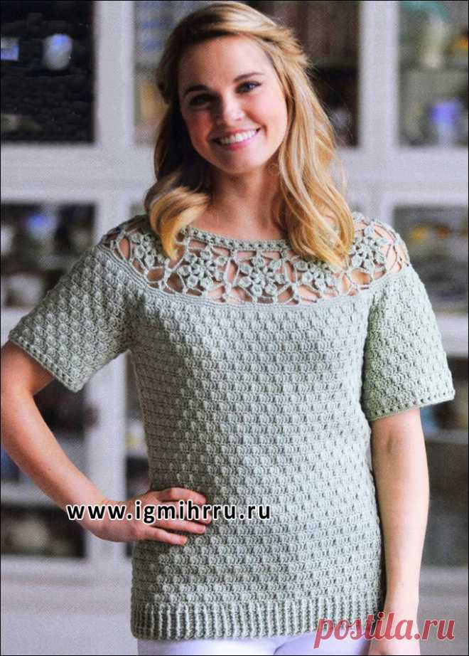 Летняя кофточка с круглой ажурной кокеткой с цветами. Крючок