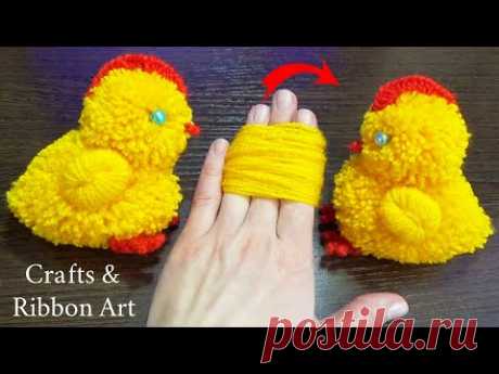 Super Easy Pom Pom Chicken Making Idea with Fingers - DIY Pom Pom Chick - How to Make Yarn Chickens