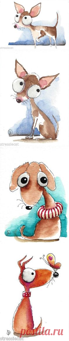 (169) ACEO Original watercolor whimsical animal painting dog skinny girl Chihuahua(3)