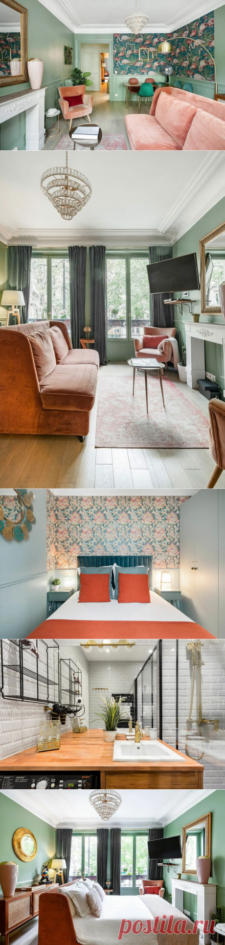 Зеленые стены и розовые фламинго: стильный интерьер квартиры с особенной атмосферой в Париже