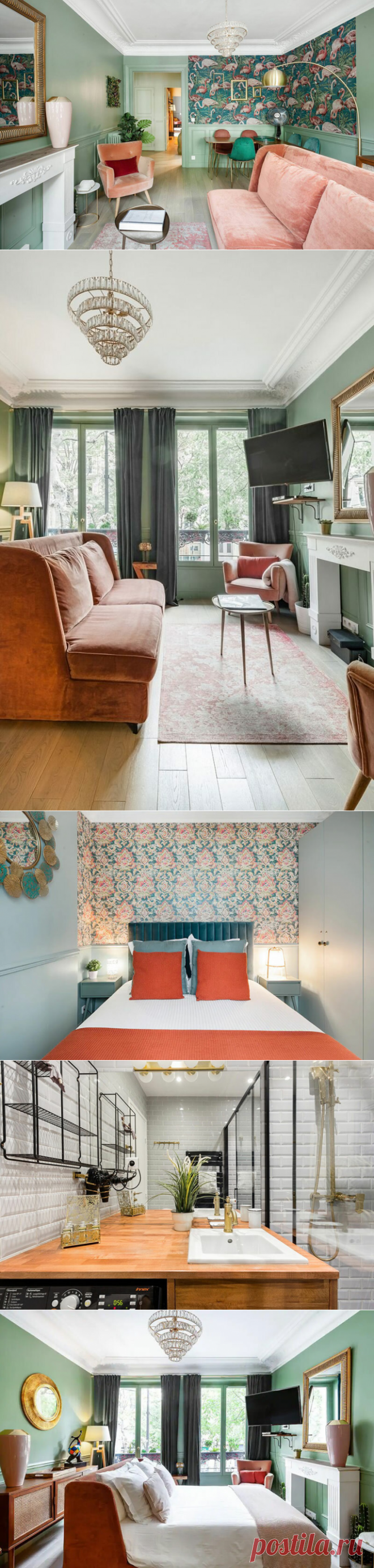 Зеленые стены и розовые фламинго: стильный интерьер квартиры с особенной атмосферой в Париже