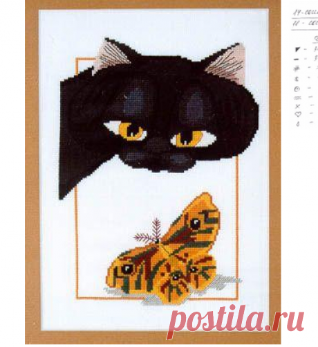 Котик и бабочка. Вышивка крестом.
