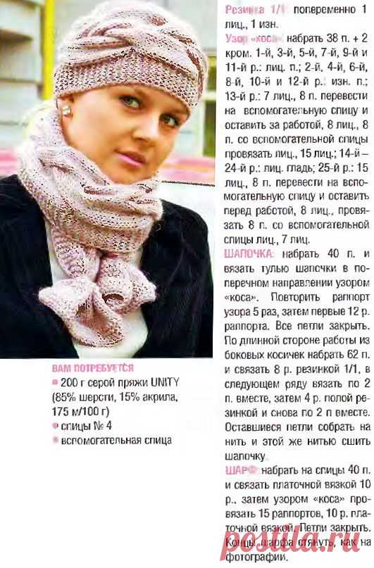 Стильная шапочка и шарф с узором коса спицами | ВЯЗАНИЕ ШАПОК: женские шапки спицами и крючком, мужские и детские шапки, вязаные сумки