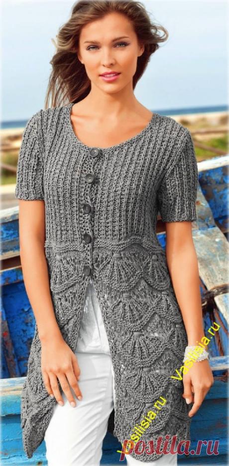 Удлиненный ажурный женский жакет вязаный спицами с описанием | Вязание спицами и крючком