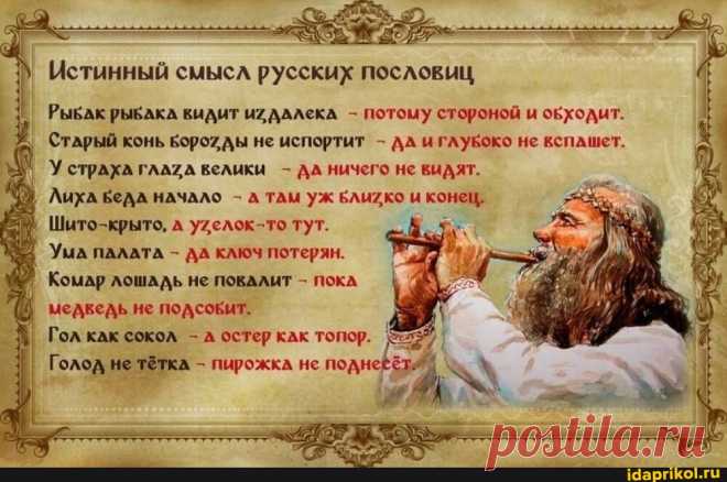 Истинный смысл русских пословиц I Рывдк рывдкл видит ДАЛекА - потому стороной и оБходит. Старый конь ды не испортит - иглукоко не ксплшет. У страхл велики - ЛА ничего не видят. Лиха Беда НАЧАЛО - тАМ уж клихко конец, Шито-крыто, ^ ухелок-то тут. ' Ума ПАЛАТА - ДА ключ потерян. Комар лОШАДЬ не ПОБАЛИТ - ПОКА медкедь не подсовит. Гол как сокол - остер клк топор. Голод не тёткл пирожкл не подне) - АйДаПрикол