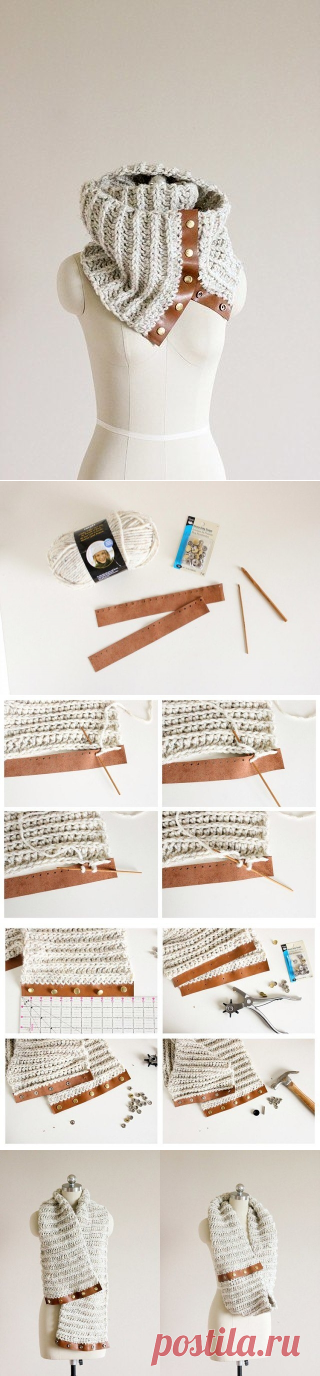 Шарф-снуд с отделкой кожей и кнопками