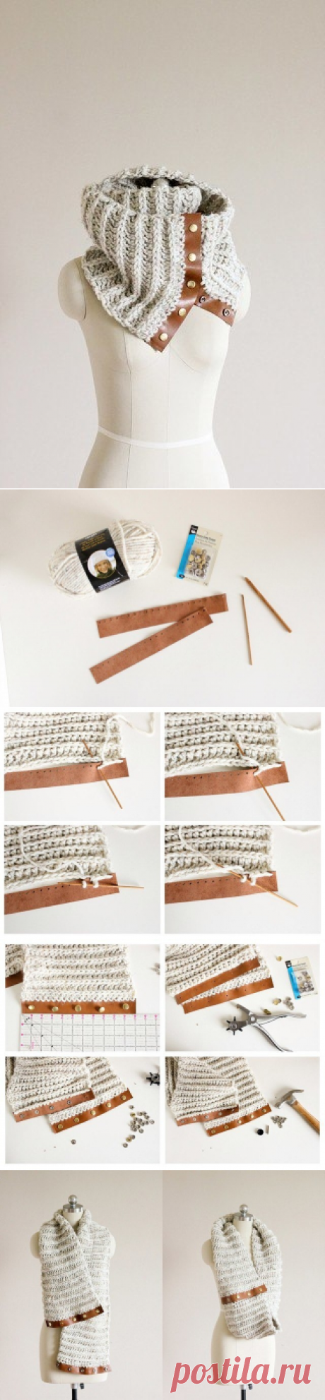 Шарф-снуд с отделкой кожей и кнопками