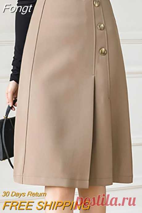 Fongt Skirts Elegant Office Lady High Street 2023 Spring OL Korean Style Button Midi A-Line Skirt Women Work Wear Falda Mujer