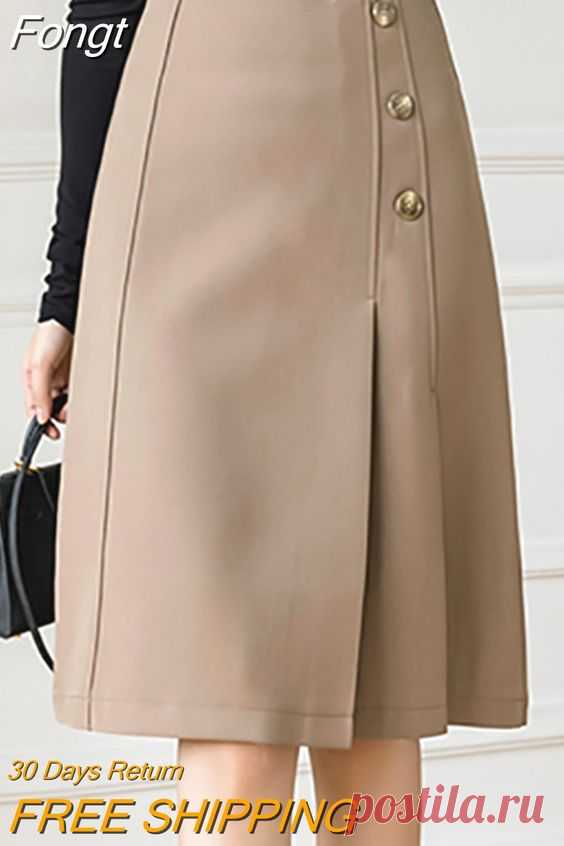 Fongt Skirts Elegant Office Lady High Street 2023 Spring OL Korean Style Button Midi A-Line Skirt Women Work Wear Falda Mujer