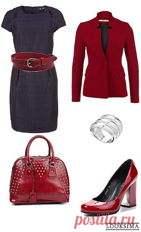 Прекрасный повседневный комплект для офиса. Строгое синее платье хорошо сочетается с красным пиджаком и туфлями на каблуке средней высоты. Тонкий ремень подчеркнет талию, а трехслойное кольцо из белого металла придаст образу завершенность.