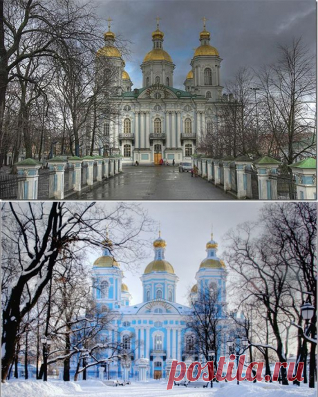 Никольский морской собор в Санкт-Петербурге. Красивый храм в стиле елизаветинского барокко, расположенный на Никольской площади.  Он был построен в период с 1753 по 1762 год (архитектор С. И. Чевакинский) на морском полковом дворе на месте деревянного храма, вмещает около пяти тысяч человек. Рядом с собором стоит четырёхъярусная, завершенная высоким шпилем колокольня. | Красивейшие храмы России