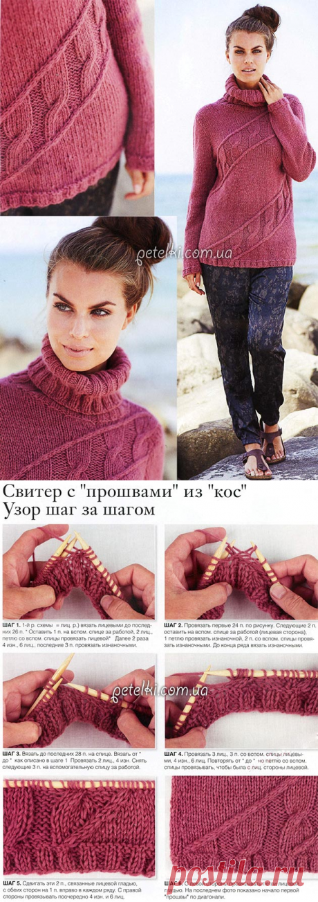 Свитер с "прошвами" из кос. Описание, схемы вязания