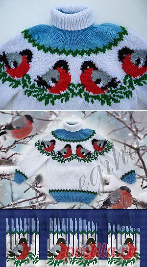 Вязаный детский свитер "Снегири на снегу" | Вяжем с Ланой