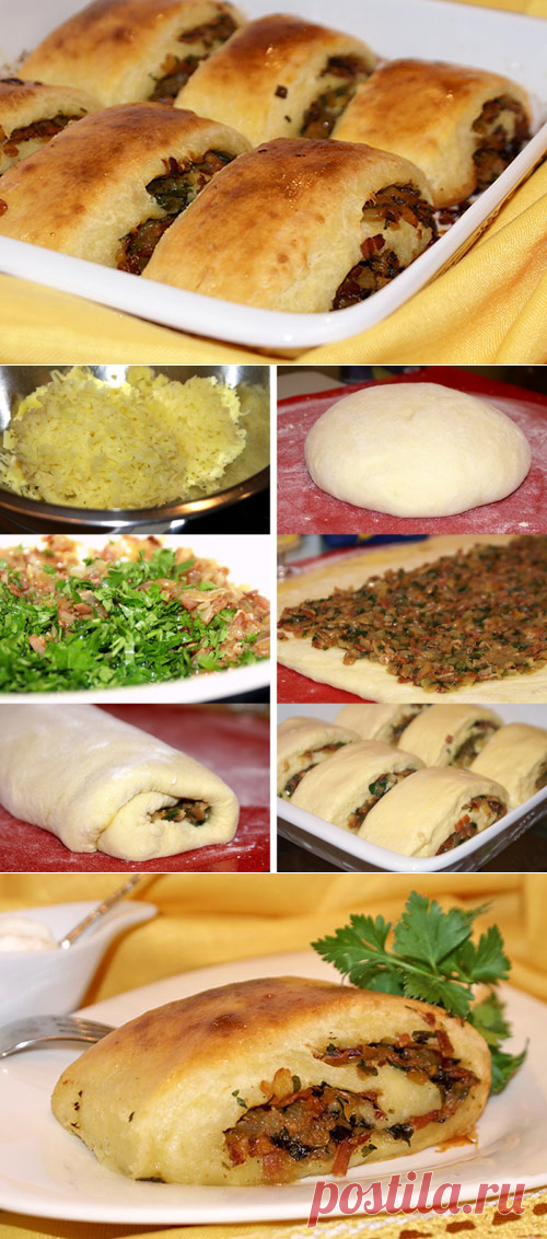 Картофельный рулет со шкварками. 
=
    картофель отварной 300 гр.
    мука 250-300 гр.
    крахмал 1 ст. ложки (без горки)
    сметана 1 ст. ложка
    масло сливочное 40 гр.
    яйцо 2 шт.
    лук репчатый 2 шт.
    бекон или грудинка 200 гр.
    зелень петрушки, соль, перец.