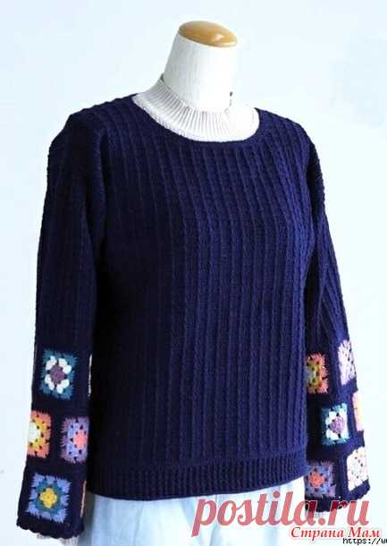 Джемпер с бабушкиными квадратами на рукавах. - Все в ажуре... (вязание крючком) - Страна Мам