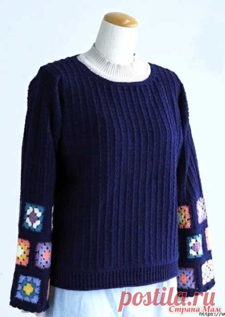 Джемпер с бабушкиными квадратами на рукавах. - Все в ажуре... (вязание крючком) - Страна Мам