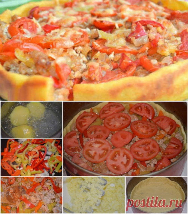 Деревенский пирог с овощами, мясом и картофелем. Ингредиенты:
Фарш мясной — 500 г.;
Картофель (2 средние картошки) — 150 г.;
Мука — 150 г.;
Масло сливочное — 80 г.;
Перец болгарский — 3 шт.;
Помидор — 2 шт.;
Сыр голландский — 70 г.;
Лук репчатый — 1 шт.;
Паприка сладкая — 1 ч.л.