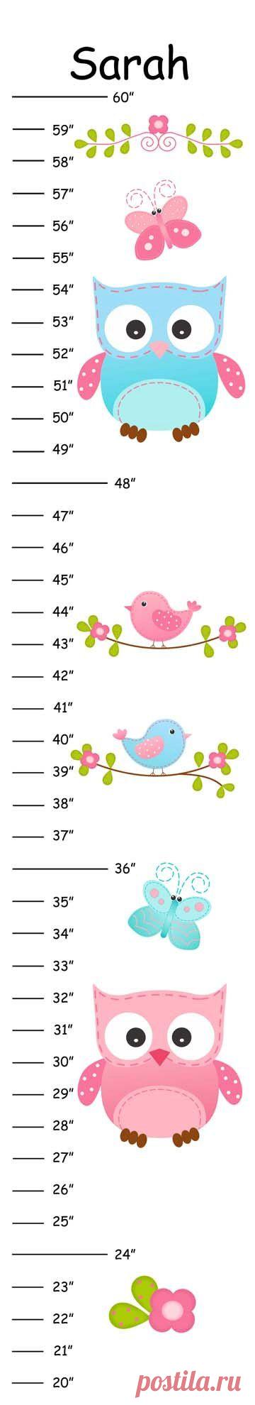 Personalized Pink & Blue Owls and Birds Canvas Growth Chart