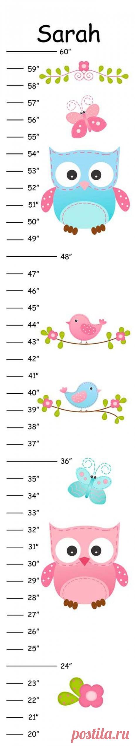 Personalized Pink &amp; Blue Owls and Birds Canvas Growth Chart