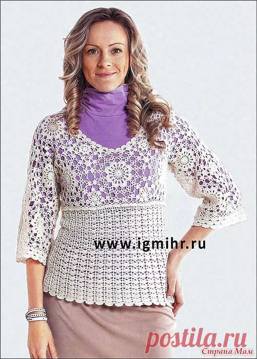 Размер: 46 
Вам потребуется: пряжа «Искра» (40% шерсть, 40% акрил, 20% метанит, 1316 м/100 г) - 400 г кремового цвета, крючок № 2,5. 
Внимание! Изделие вяжется нитью в 2 сложения.