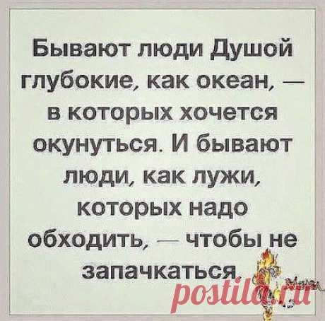 Бывают люди Душой глубокие, как океан, в которых хочется окунуться. И бывают люди, как лужи, которых надо обходить, - чтобы не запачкаться.