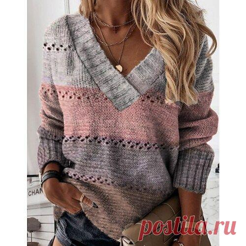 Women's Pullover Sweater jumper Jumper Crochet Knit Cropped Knitted Hole Color Block V Neck Casual Daily Holiday Winter Fall Purple S M L / Long Sleeve / Regular Fit