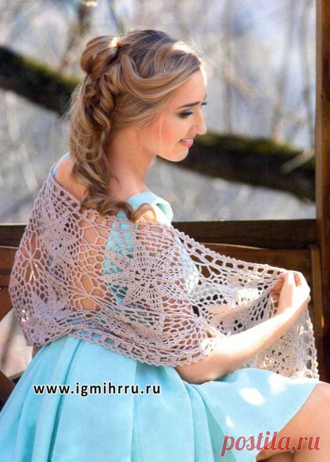 Легкий ажур. Бежевый шарф из мотивов. Крючок