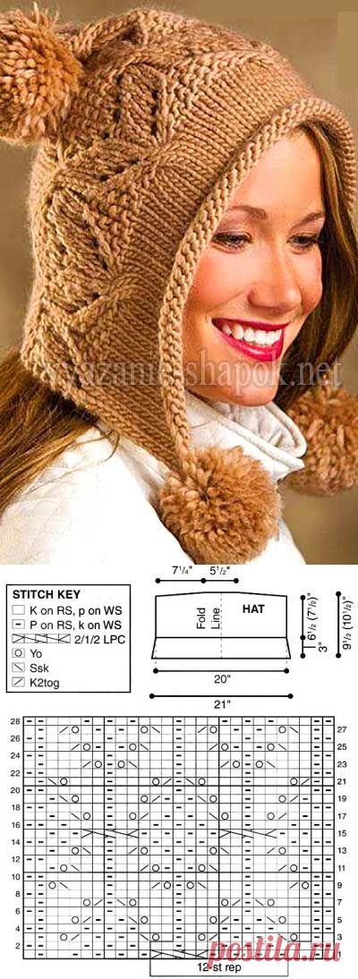 Оригинальная зимняя шапка с помпоном спицами | ВЯЗАНИЕ ШАПОК: женские шапки спицами и крючком, мужские и детские шапки, вязаные сумки