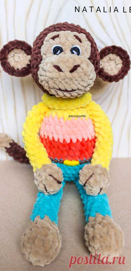PDF Обезьянка крючком. FREE crochet pattern; Аmigurumi animal patterns. Амигуруми схемы и описания на русском. Вязаные игрушки и поделки своими руками #amimore - плюшевая обезьянка, большая обезьяна из плюшевой пряжи, мартышка.