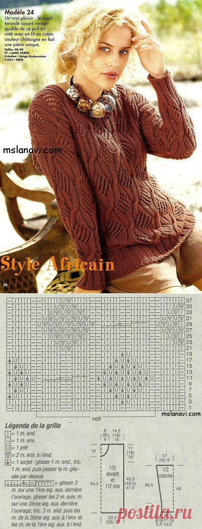 Ажурный пуловер с плетеными узорами | Золотые Руки