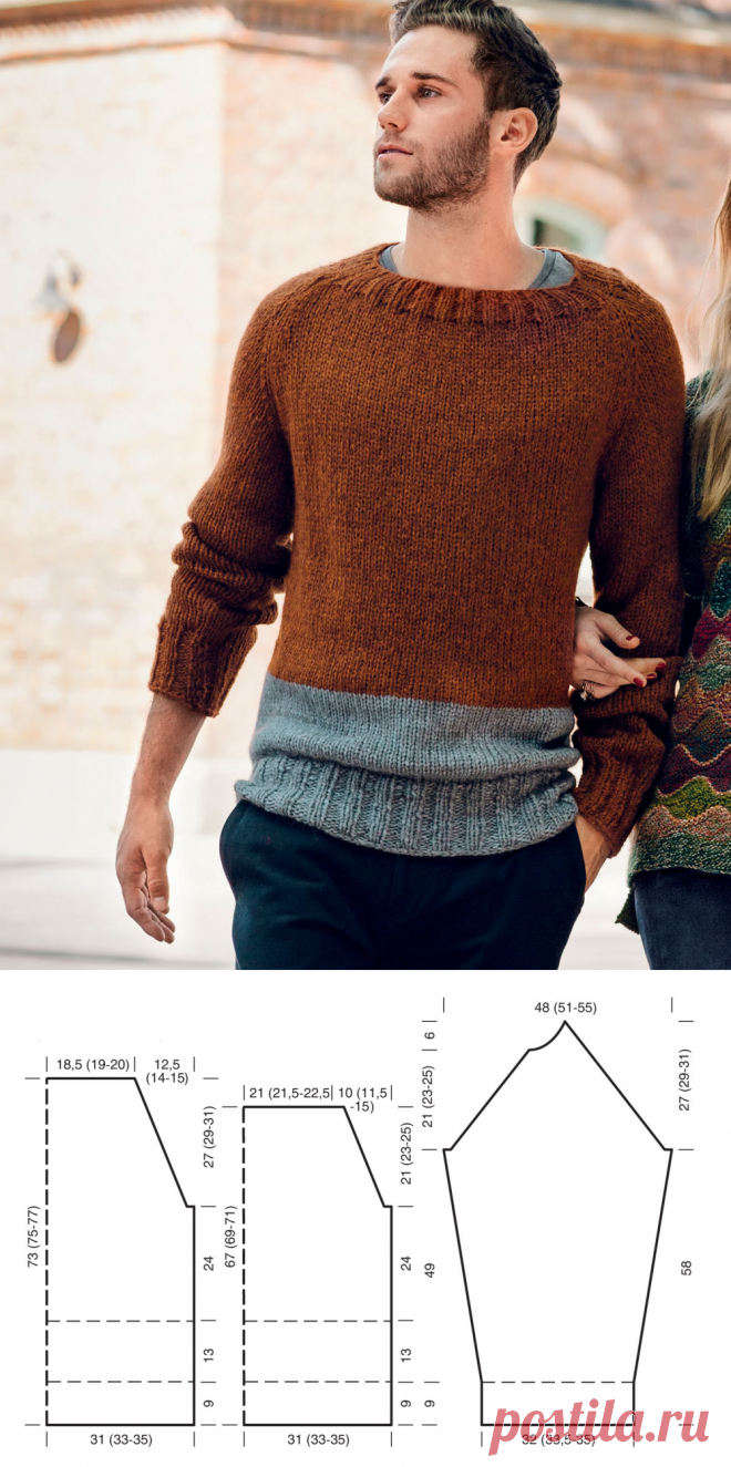 Мужской джемпер с рукавами реглан — схема вязания спицами с описанием на BurdaStyle.ru