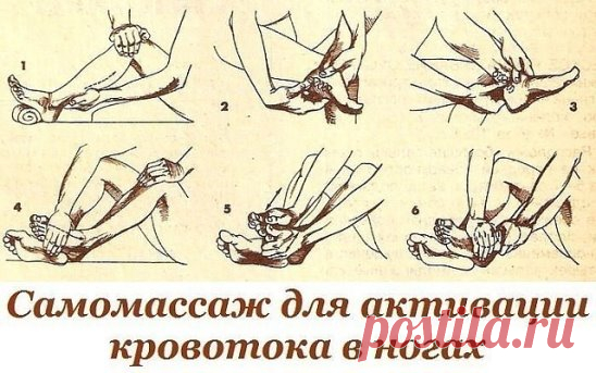 САМОМАССАЖ ДЛЯ АКТИВАЦИИ КРОВОТОКА В НОГАХ 
Предлагаемый самомассаж активизирует кровоток в пальцах, ступнях, в коленных, голеностопных суставах ног и мышцах поясничного отдела. Это эффективный метод профилактики варикозного расширения вен, заболеваний суставов и ступней ног. 
Каждый человек должен знать, что к ступне и пальцам каждой ноги опускается мощная артерия, а поднимается к сердцу такая же вена. Соединяют эти кровеносные трубки капилляры — многочисленные тончайшие трубочки, по которым